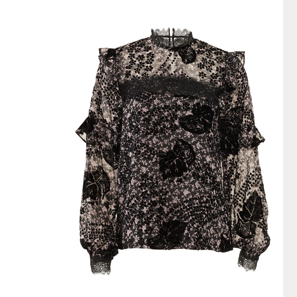Three Floor Black Lace Floral Printed Crepe Partially Lined Hoodoo Top sz 0